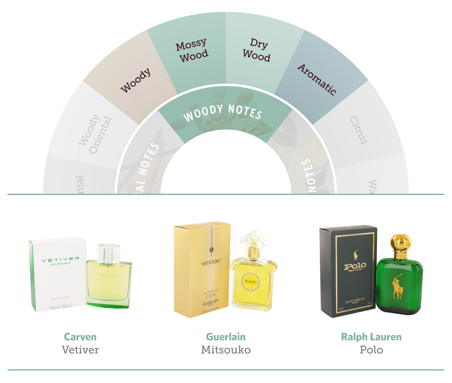 The woody portion of the fragrance wheel and three fragrances